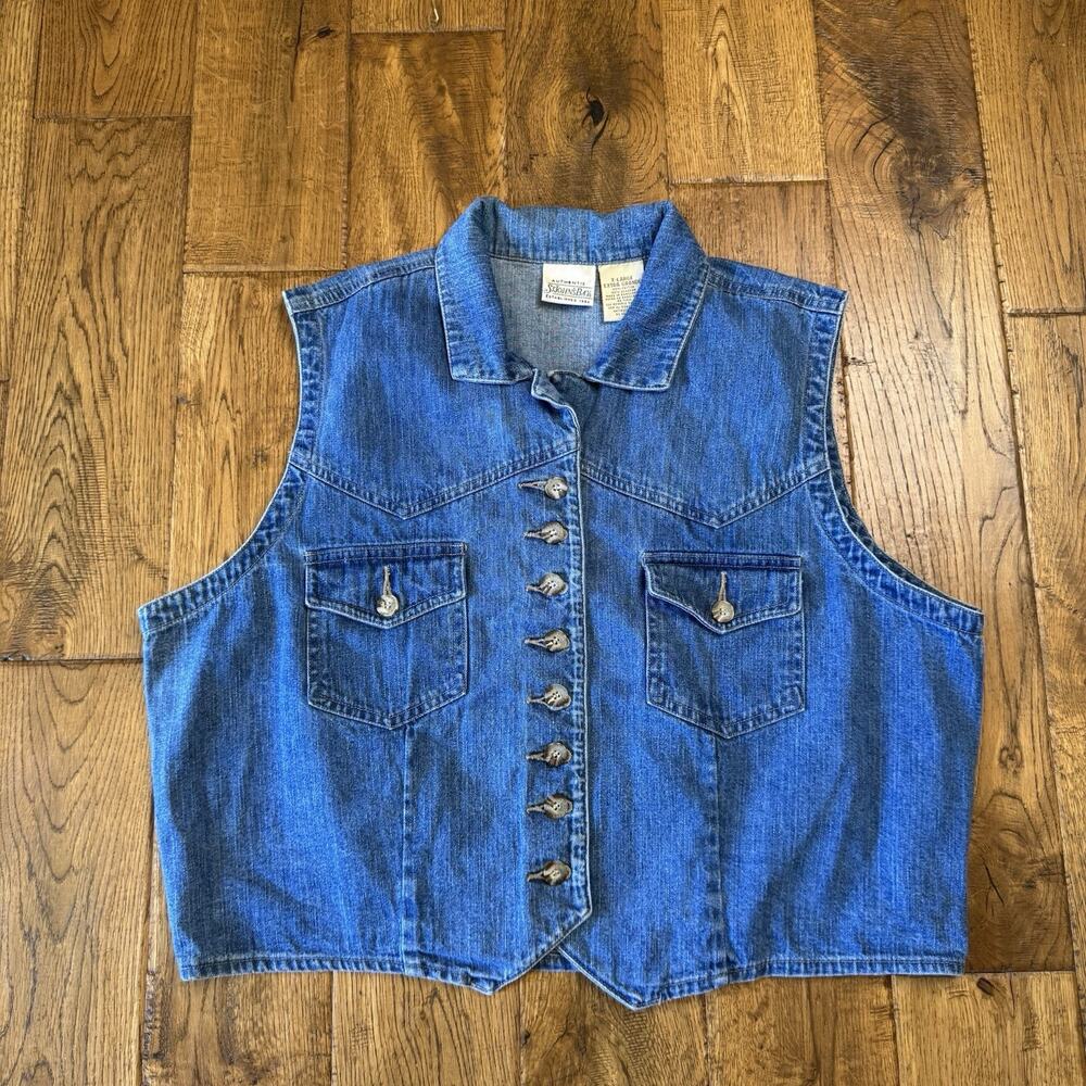 VTG St Johns Bay Denim Sleeveless Button Down Vest Women’s XL 90s Y2K Cowgirl - Picture 1 of 6